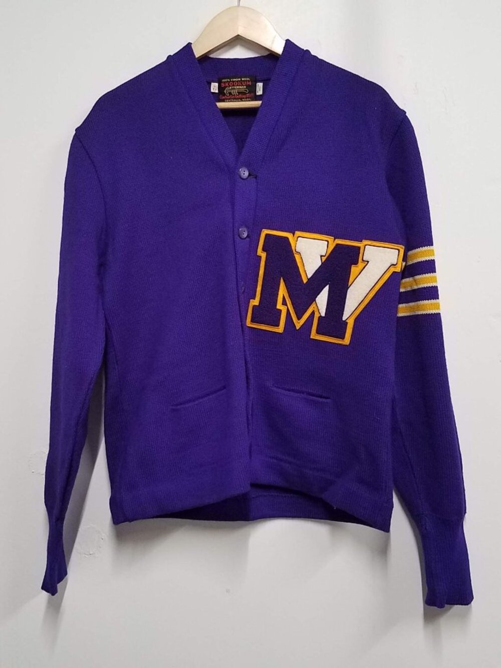 Vintage Skookum Virgin Wool Cardigan Jacket 42 Purple Gold White M V